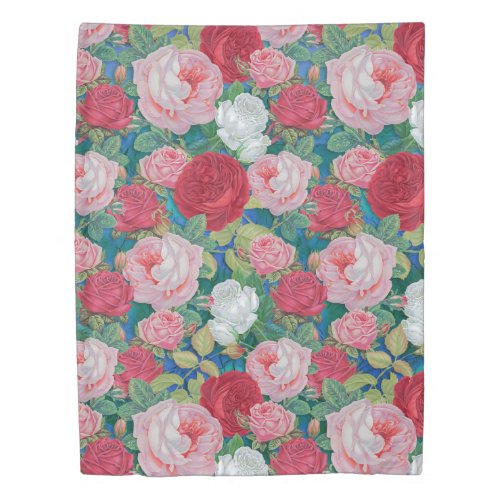 Elegant Victorian Watercolor Red and Pink Roses  Duvet Cover