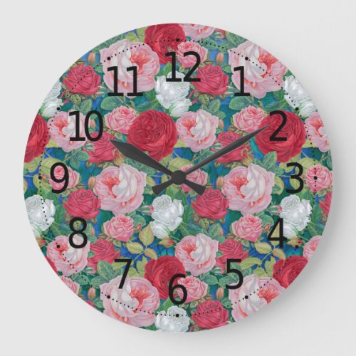 Elegant Victorian Watercolor Red and Pink Roses  Large Clock