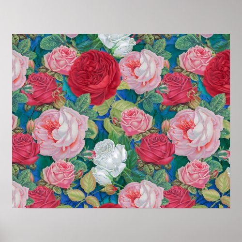 Elegant Victorian Watercolor Red and Pink Roses  Poster