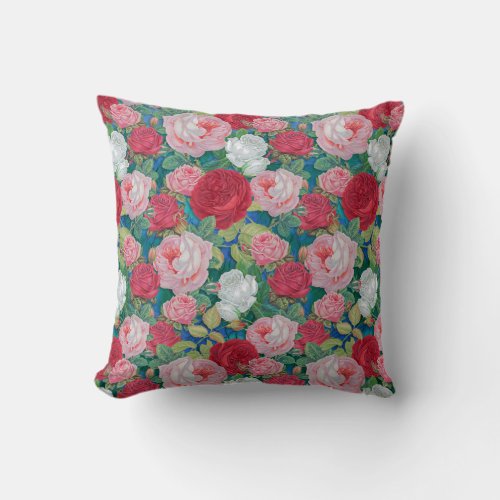 Elegant Victorian Watercolor Red and Pink Roses  Throw Pillow