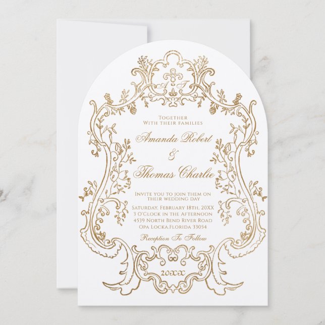 Elegant Victorian White and Gold Wedding  Invitation (Front)