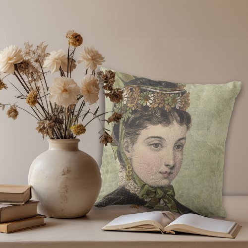 Elegant Victorian Woman in Autumn Vintage Hat Throw Pillow