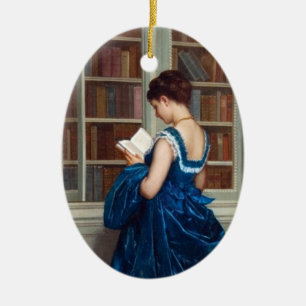 Elegant Victorian Woman Reading in Library  Ceramic Ornament