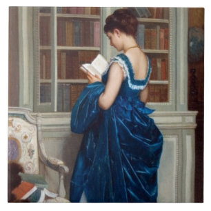 Elegant Victorian Woman Reading in Library  Ceramic Tile