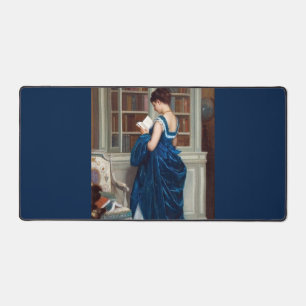 Elegant Victorian Woman Reading in Library Desk Mat