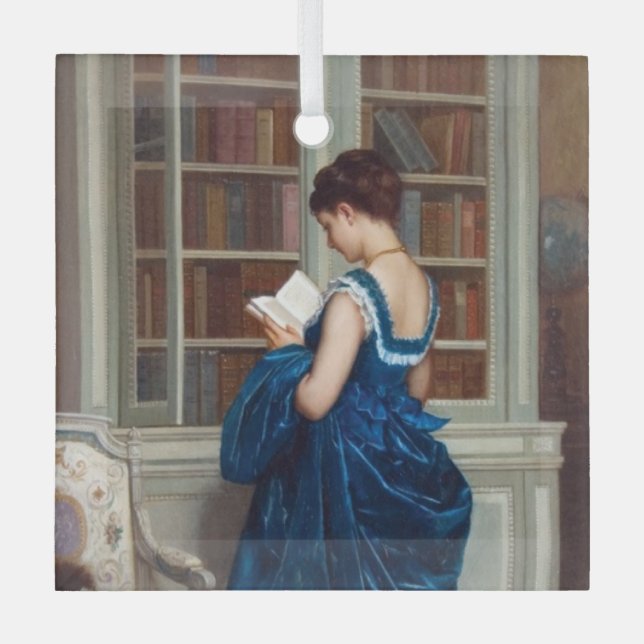 Elegant Victorian Woman Reading in Library  Glass Ornament (Front)