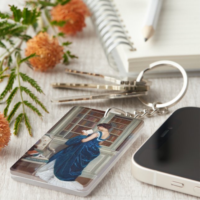 Elegant Victorian Woman Reading in Library  Keychain (Front Right)