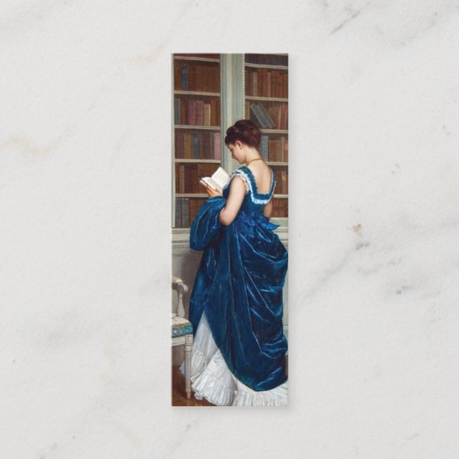 Elegant Victorian Woman Reading in Library  Mini Business Card (Front)