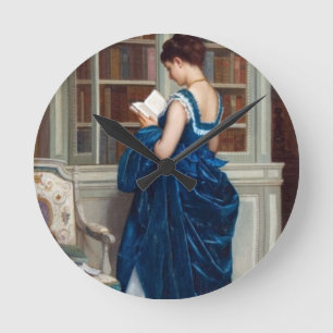 Elegant Victorian Woman Reading in Library Round Clock