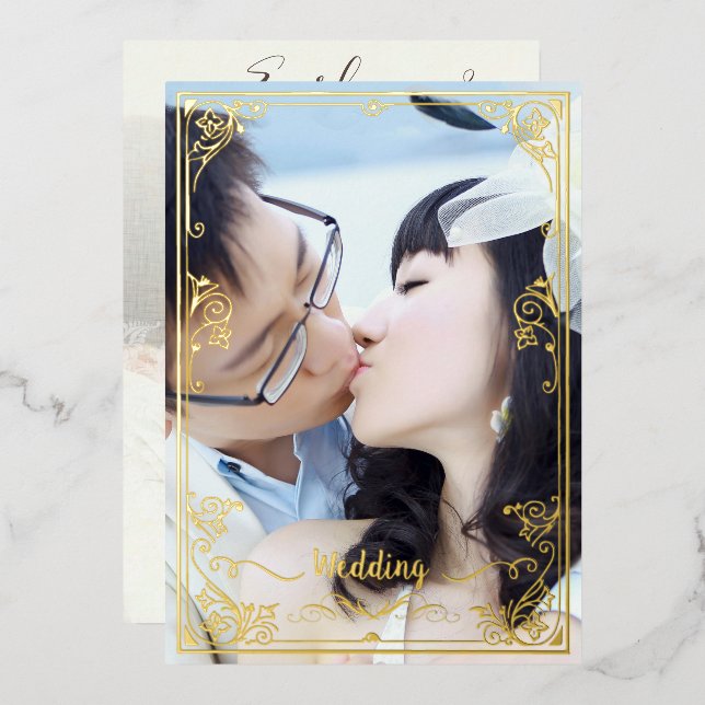 Elegant Victorian Your Photo Back & Front Gold  Foil Invitation (Front/Back)