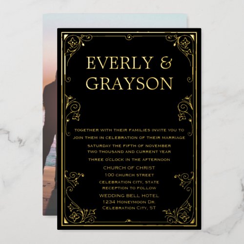 Elegant Victorian Your Photo on Back Gold Foil Invitation