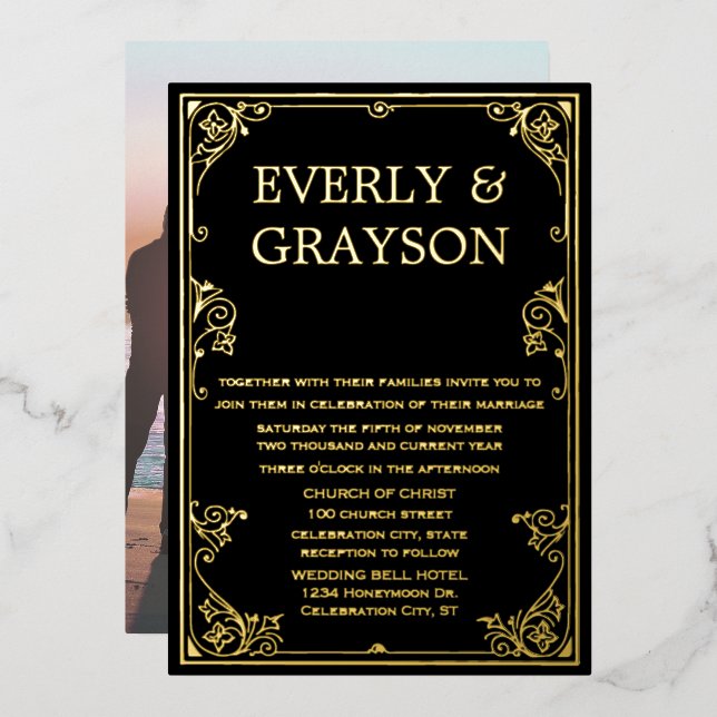 Elegant Victorian Your Photo on Back Gold Foil Invitation (Front/Back)