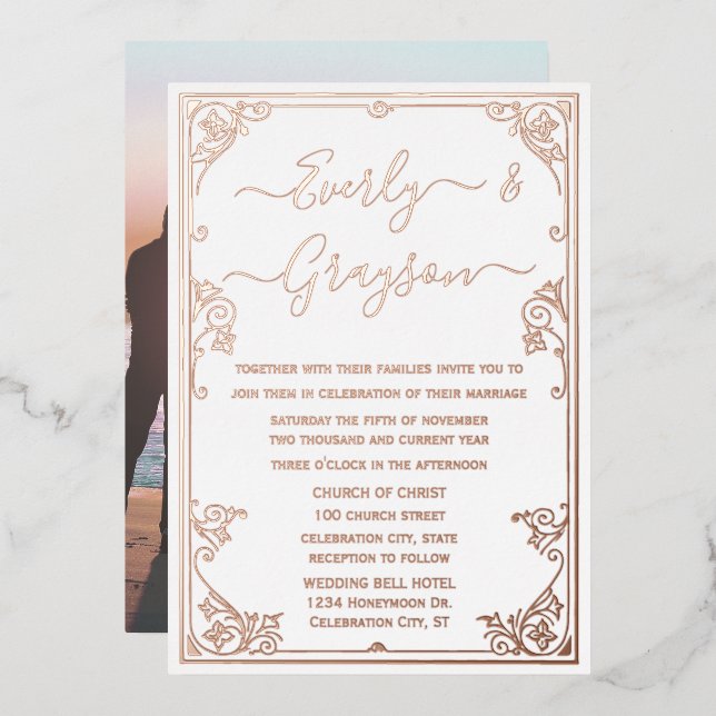 Elegant Victorian Your Photo Rose Gold  Foil Invitation (Front/Back)