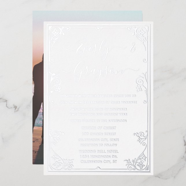 Elegant Victorian Your Photo Silver Foil  Foil Invitation (Front/Back)
