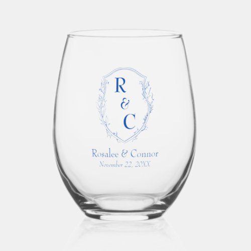 Elegant Vine Crest Couple Monogram  Date Cobalt Stemless Wine Glass