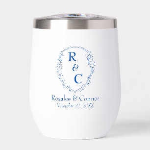 Elegant Vine Crest Couple Monogram + Date Cobalt Thermal Wine Tumbler