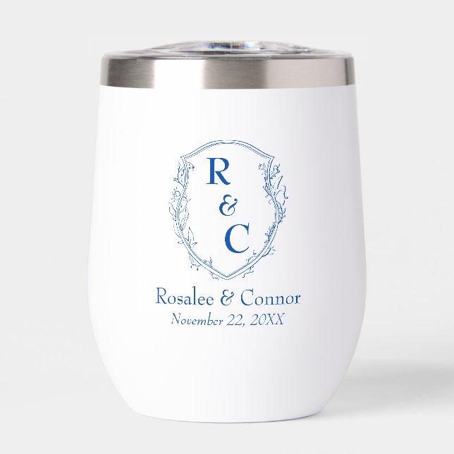 Elegant Vine Crest Couple Monogram + Date Cobalt Thermal Wine Tumbler (Front)
