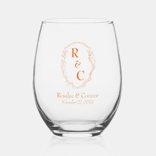 Elegant Vine Crest Couple's Monogram Persimmon Stemless Wine Glass