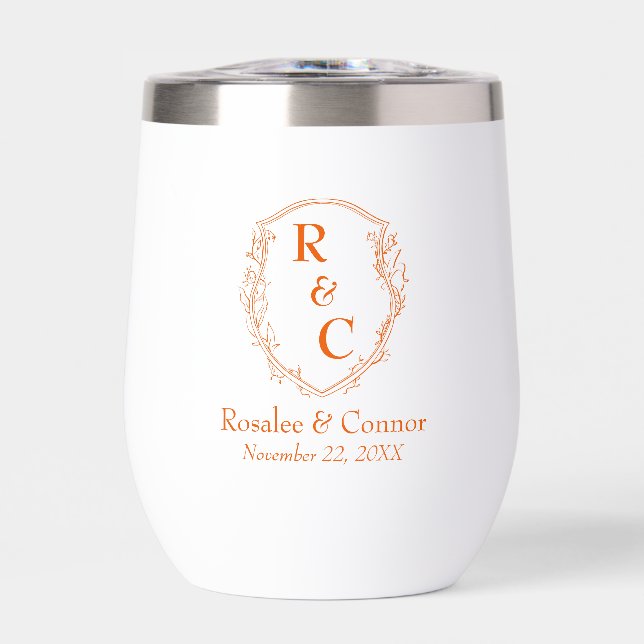 Elegant Vine Crest Monogram + Date Persimmon Thermal Wine Tumbler (Front)