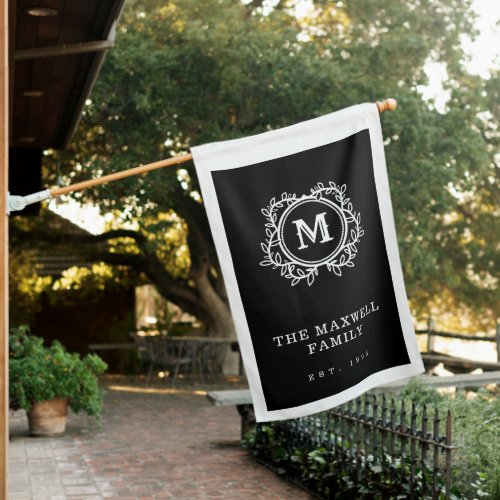 Elegant Vines Black White Monogram House Flag