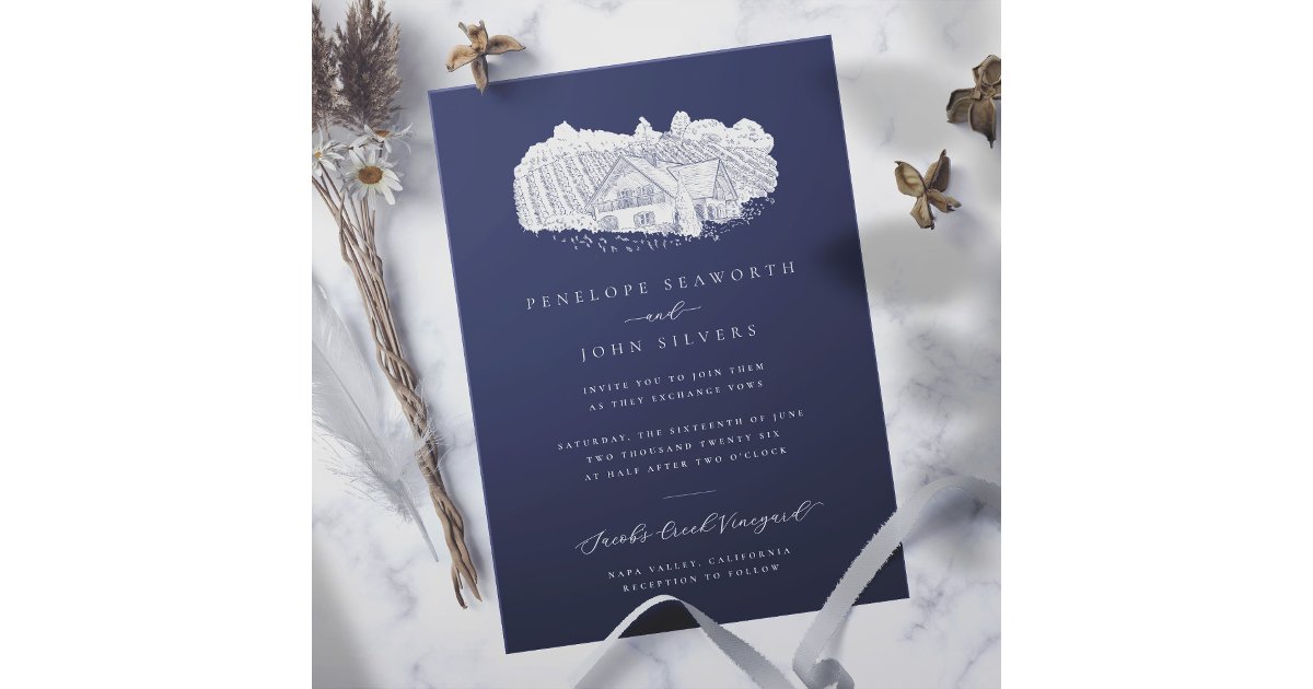 Elegant Vineyard Illustration Navy Wedding Invitation | Zazzle