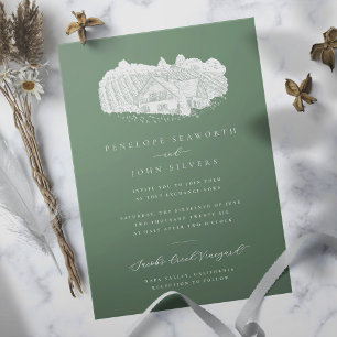 Elegant Vineyard Illustration Sage Green Wedding Invitation