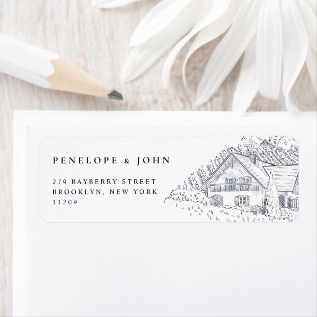 Elegant Vineyard Illustration Wedding Return Label (Insitu)