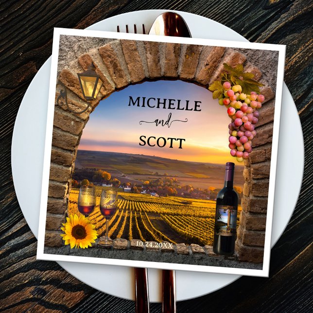 Elegant Vineyard Wine Themed Wedding Napkins (Italian style classic napkin featuring a Roman arch with grapes, wine and vineyard landscape)