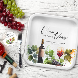 Elegant Vino Before Vows Vintage Wine Watercolor Paper Plates