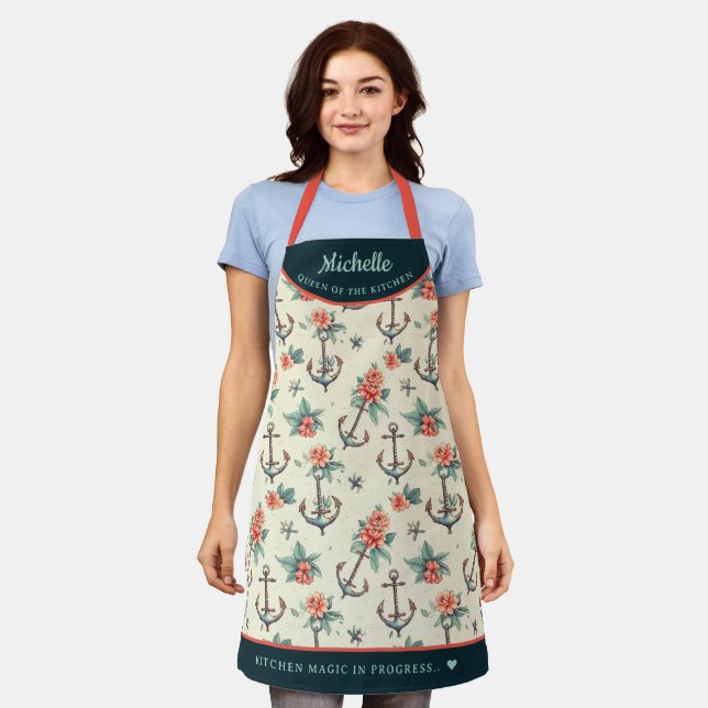 elegant vintage anchor pattern personalized apron (Worn)
