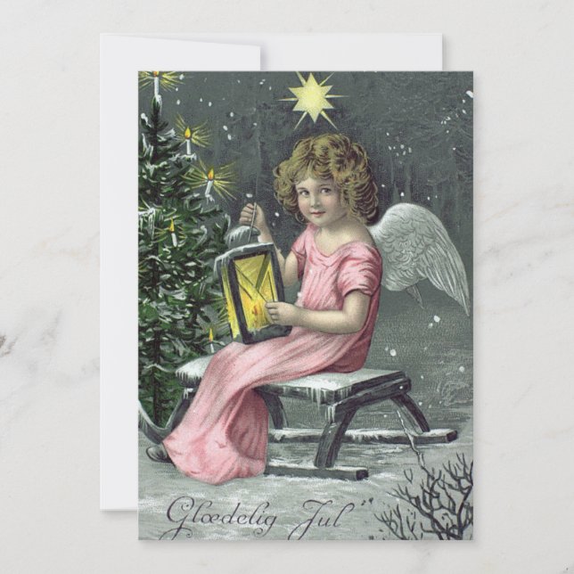 Elegant Vintage Angel & Christmas Tree Greetings Holiday Card (Front)