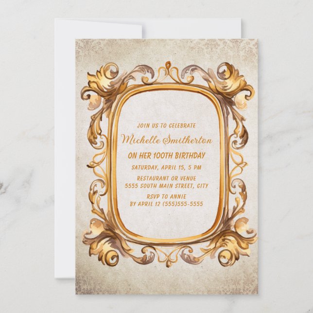 Elegant Vintage Antique Gold Frame 100th Birthday Invitation (Front)
