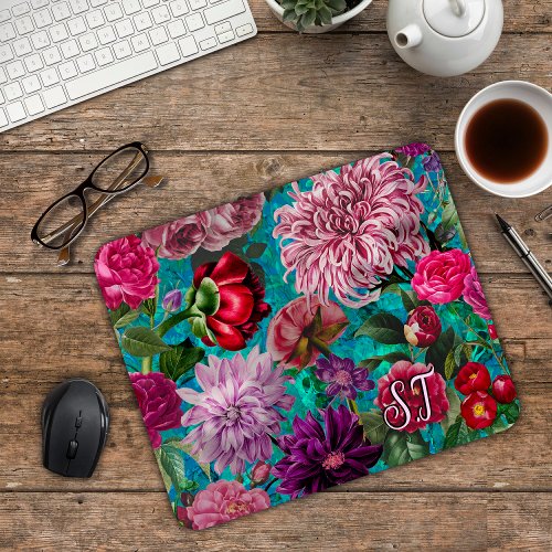 Elegant Vintage aqua blue Floral monogram Mouse Pad