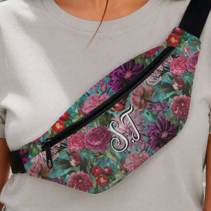 Elegant Vintage aqua blue Floral monogram Sling Fanny Pack