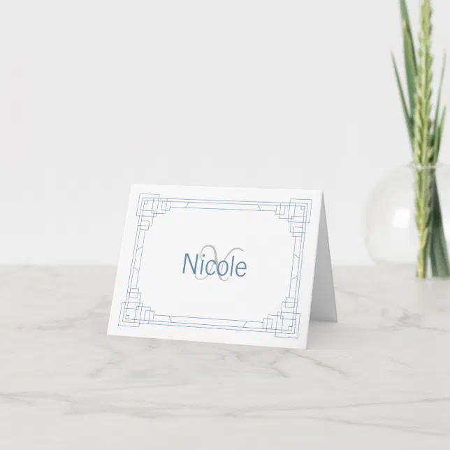 Elegant Vintage Art Deco Blue Name and Monogram Thank You Card | Zazzle