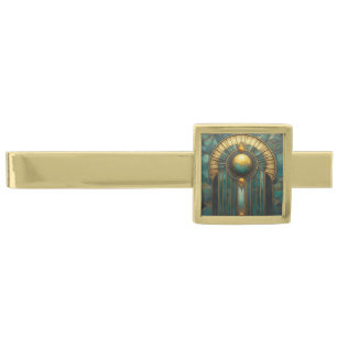 Elegant Vintage Art Deco Gold Green Turquoise Gold Finish Tie Bar