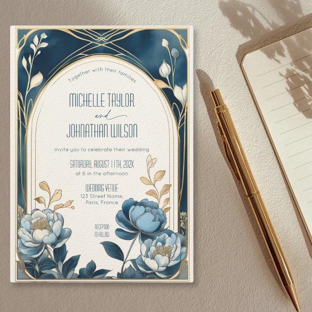 Elegant Vintage Art Nouveau Blue Peonies Mucha Invitation (Blue peonies with an arched art nouveau frame wedding invitation)