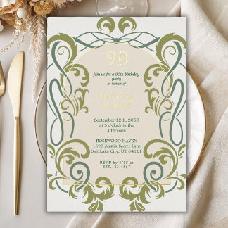 Elegant Vintage Art Nouveau Floral 90th Birthday  Foil Invitation