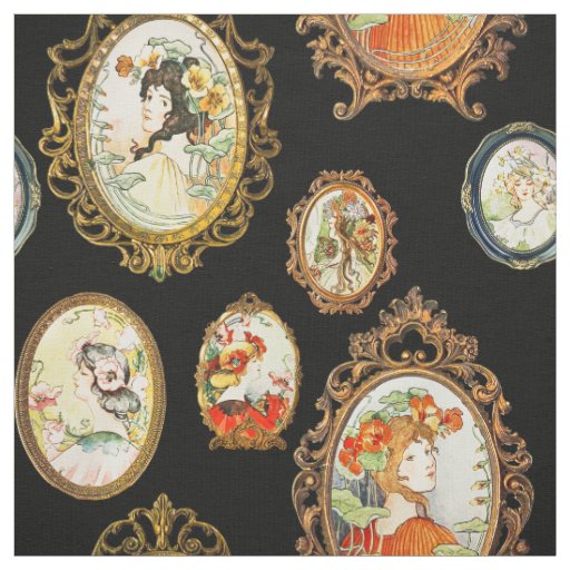 Elegant Vintage Art Nouveau Girls Flowers Frames Fabric