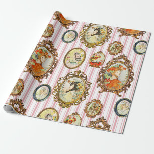 Elegant Vintage Art Nouveau Girls Flowers Frames Wrapping Paper