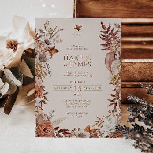 Elegant Vintage Autumn Floral Frame Wedding Invitation