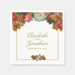 Elegant Vintage Autumn Floral Gold & White Wedding Napkins
