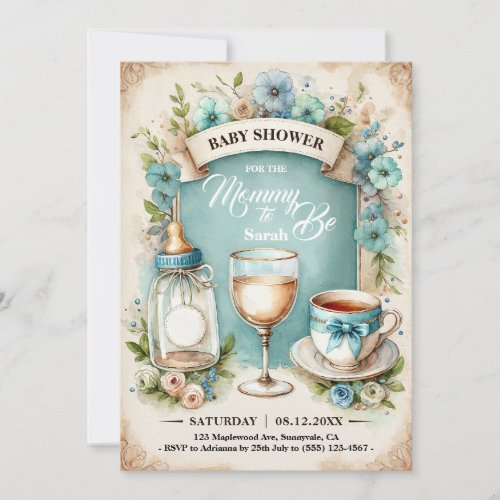 Elegant Vintage Baby Boy Tea Party Shower  Invitation