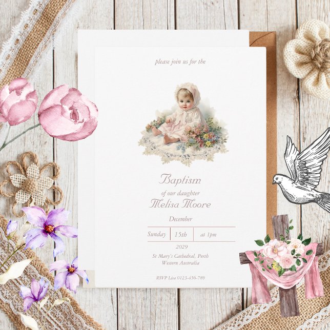 Elegant Vintage Baby Girl Baptism  Invitation (Elegant Vintage Baptism Invitations)