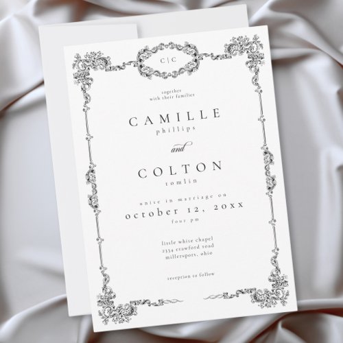 Elegant Vintage Baroque Black White Wedding Invitation