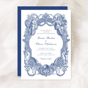 Elegant Vintage Baroque Blue Toile Frame Wedding Invitation