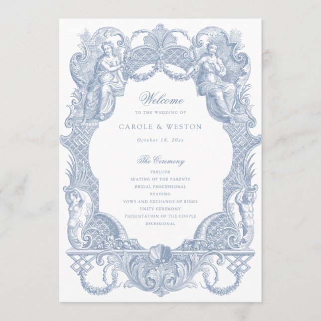 Elegant Vintage Baroque Frame Blue Toile Wedding Program (Front)