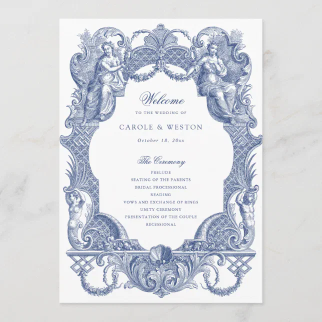 Programme Blue Frame Elegant Vintage Baroque Frame Navy Blue Toile Program | Zazzle