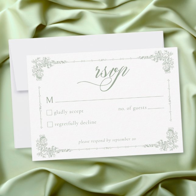 Elegant Vintage Baroque Sage Green Wedding RSVP Card (Elegant Vintage Baroque Sage Green Wedding RSVP Card)
