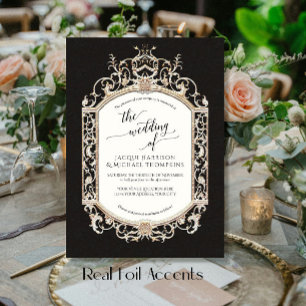 Elegant Vintage Baroque Scrollwork Black and White Foil Invitation